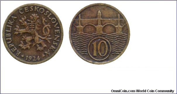 Czechoslovak Republic, 10 halers, 1924, Bronze, 18mm, 1.96g, Charles Bridge.