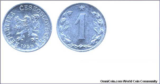 Czechoslovak Republic, 1 haler, 1955, Al, 16mm, 0.49g.