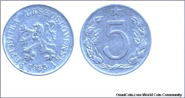 Czechoslovak Republic, 5 halers, 1953, Al, 20mm, plain edge.