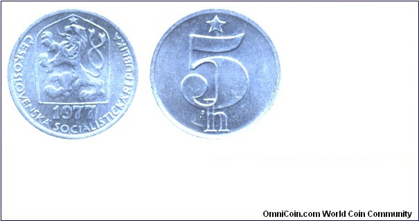 Czechoslovak Socialist Republic, 5 halers, 1977, Al, 16.2mm.