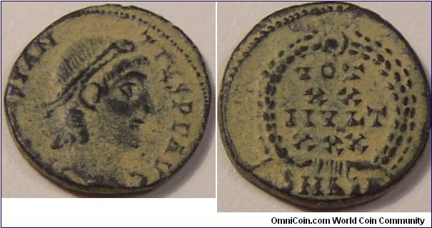 Constantius II AE3, 337-361 A.D. Antioch
OBVERSE: DN CONSTANTIVS PF AVG. diademed head right.
REVERSE: VOT/XX/MVLT/XXX within wreath 
Roman Votive vows for 20 years and repeated for 30 years
15mm - 1.7 grams