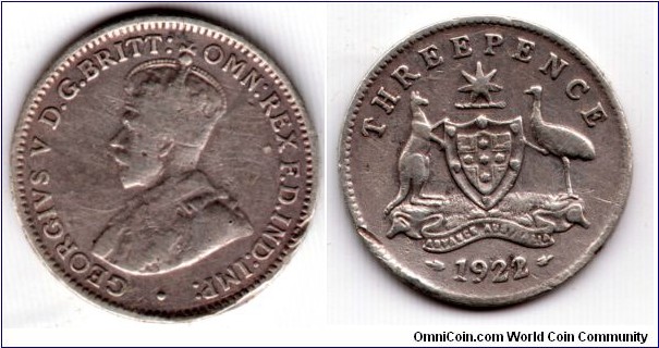 Rare Overdate 1922/21 Threepence Estimated less than 1000 minted