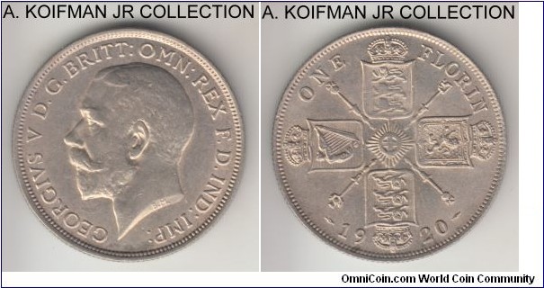 KM-817a, 1920 Great Britain florin; silver, reeded edge; George V, pleasant almost uncirculated specimen.