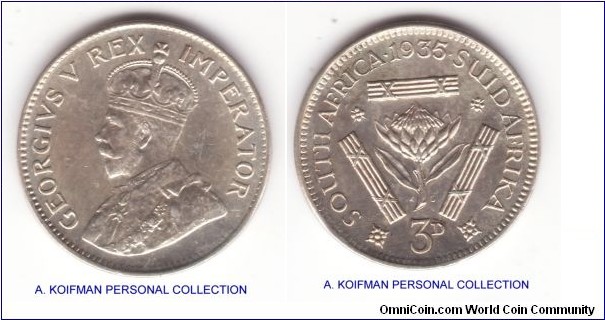 KM-15.2, 1935 South Africa 3 pence; silver, plain edge; uncirculated or almost so