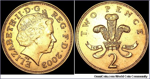 United Kingdom - 2 Pence - 2003 - Weight 7,12 gr - Copper plated steel - Size 25,9 mm - Thickness 2,03 mm - Edge : Smooth - Alignment / Medal (0) - Ruler / Elizabeth II (1952-) - Designer Obverse / Ian Rank-Broadley - Designer Reverse / Christopher Ironside - Mintage 260 225 000 - Reference KM# 987 (1998-2008)
