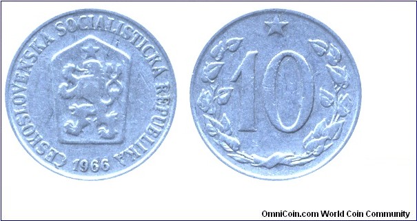 Czechoslovak Socialist Republic, 10 halers, 1966, Al, 22mm, 1.175g.