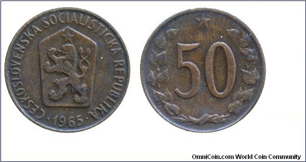 Czechoslovak Socialist Republic, 50 halers, 1965, Bronze.