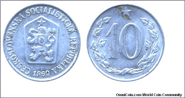 Czechoslovak Socialist Republic, 10 halers, 1969, Al, 22mm, 1.175g.