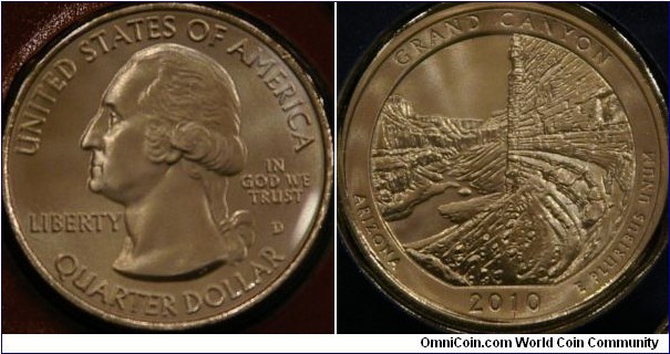 Grand Canyon, Arizona.  Quarter depicting a view from inside the canyon.  Established 2-20-1893