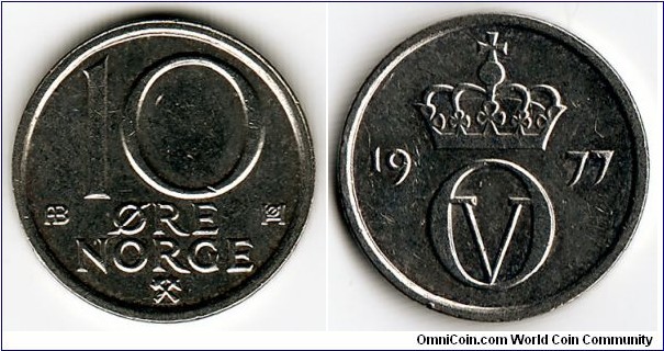 KM#416, 	Norway, Ten,  Ore, 	1977, 	Copper-Nickel,  1974-1991, coincrazy2010 