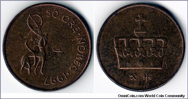 KM#460,	Norway,  Fifty,  Ore, 	1997, 	Bronze,  1996-2010, coincrazy2010
