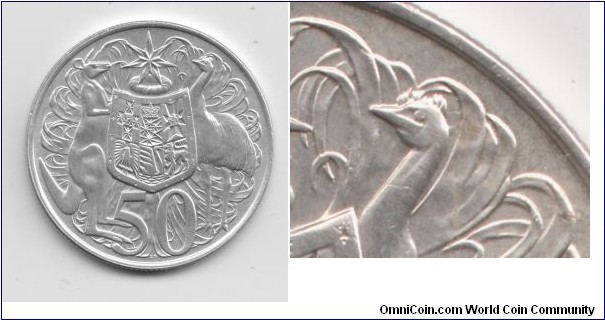 Two Bar Die Error found in some 1966, 1979 and 1980 Aussie 50 cent coin Two light bars eye level and bit lower behind enu head 