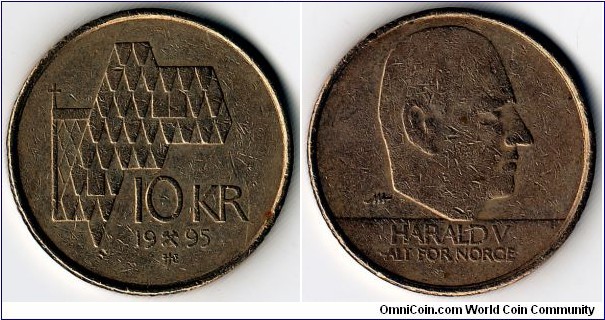 KM#457, 	Norway,  Ten,  Kroner, 	1995, 	Nickel-Brass, 	1995-2010, coincrazy2010 