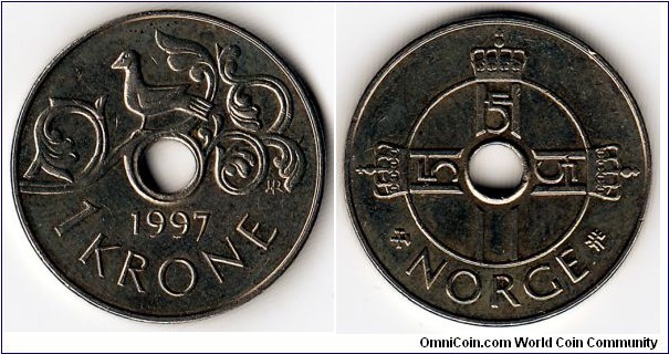 KM#462,	Norway, One,  Krone, 	1997, 	Copper-Nickel, 	 1997-2010, coincrazy2010 