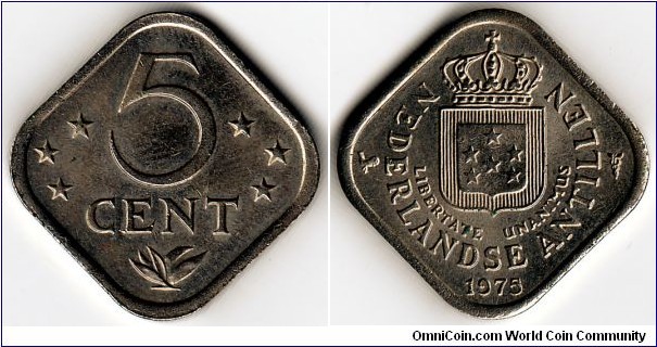 KM#13,	Netherlands Antilles, Five, Cents, 	1975, 	Copper-Nickel, 1971-1985, coincrazy2010 