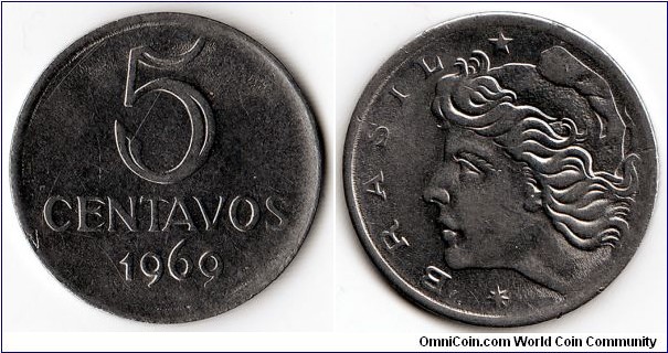 KM#577.2, Brazil, Five, Centavos, 	1969, 	Stainless Steel, 1969-1975, coincrazy2010 