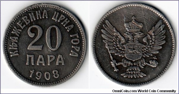 KM#4,	Montenegro, Twenty,  Para, 	1908, 	Nickel,  1906-1908, coincrazy2010 