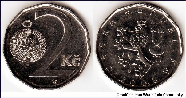 KM#9,	Czech Republic, Two, Korun, 	2008, 	Nickel Plated Steel,  1993-2010, coincrazy2010