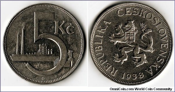 KM#11a, Czechoslovakia, Five, Korun, 	1938, 	Nickel,  1937-1938, coincrazy2010 