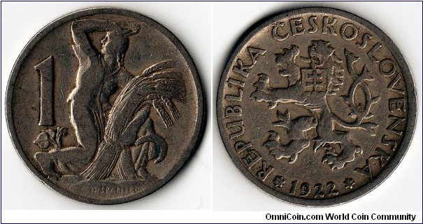 KM#4,	Czechoslovakia, One, Koruna, 	1922, 	Copper-Nickel, 	1922-1938, coincrazy2010 