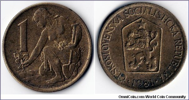 KM#50,	Czechoslovakia, One, Koruna, 	1981, 	Aluminum-Bronze, 1961-1990, coincrazy2010