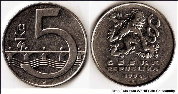 KM#8,	Czech Republic, Five, Korun, 	1994, 	Nickel Plated Steel,  1993-2010, coincrazy2010  