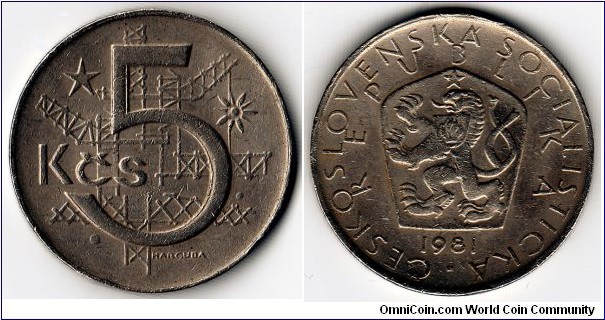 KM#60,	Czechoslovakia, Five, Korun, 	1981, 	Copper-Nickel,	1966-1990, coincrazy2010