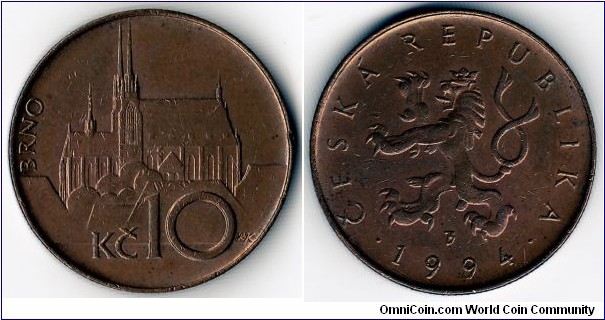 KM#4,	Czech Republic, Ten, Korun, 	1994, 	Copper Plated Steel, 1993-2010, coincrazy2010 