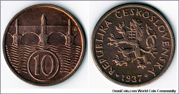 KM#3,	Czechoslovakia, Ten, Haleru, 	1937, 	Bronze,  1922-1938, coincrazy2010