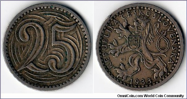 KM#16, 	Czechoslovakia, FunfundZwanzig, Haleru, 1933, 	Copper-Nickel,	1932-1933, coincrazy2010