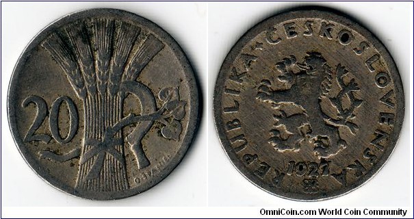 KM#1, 	Czechoslovakia, Twenty, Haleru, 1927, 	Copper-Nickel, 	1921-1938, coincrazy2010 