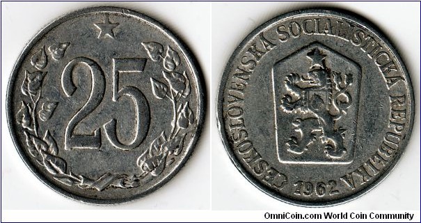 KM#54, 	Czechoslovakia, FunfundZwanzig, Haleru,	1962, 	Aluminum, 1962-1964, coincrazy2010
