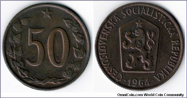 KM#55.1,  Czechoslovakia, Fifty,  Haleru, 1964, Bronze,	1963-1971, coincrazy2010 