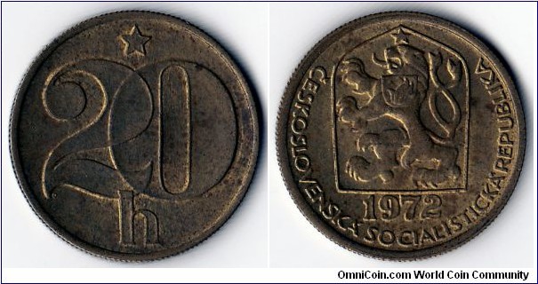 KM#74, 	Czechoslovakia, Twenty, Haleru,	1972, 	Nickel-Brass,  1972-1990, coincrazy2010 