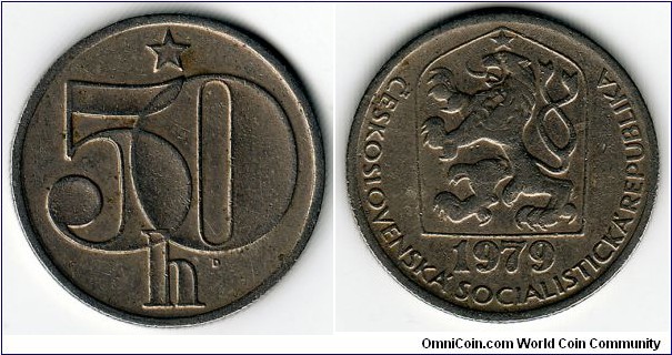 KM#89, 	Czechoslovakia, Fifty,  Haleru,	1979, 	Copper-Nickel, 1977-1990, coincrazy2010 