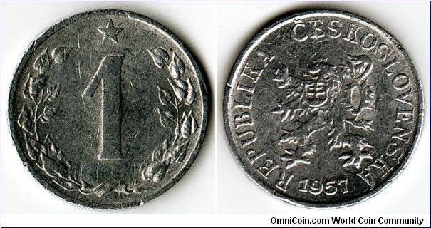 KM#35,	Czechoslovakia, One, Haler, 1957, Aluminum, 1953-1960, coincrazy2010 