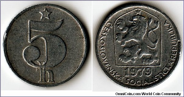 KM#86, 	Czechoslovakia, Five, Haleru, 	1979, 	Aluminum, 1977-1990, coincrazy2010