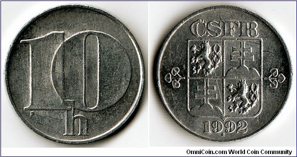 KM#146, Czechoslovakia, Ten, Haleru, 1992, Aluminum,  1991-1992, coincrazy2010 
