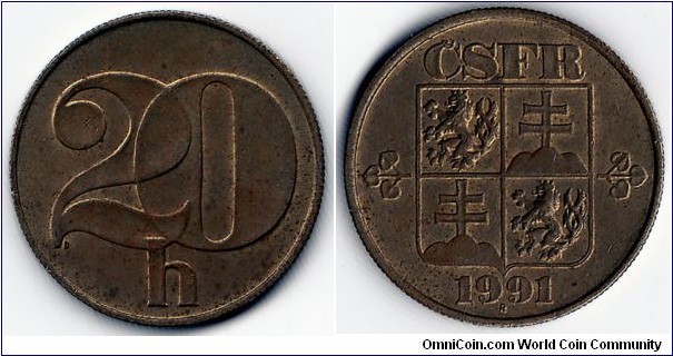 KM#143,  Czechoslovakia, Twenty, Haleru, 1991, Aluminum-Bronze,  1991-1992, coincrazy2010 