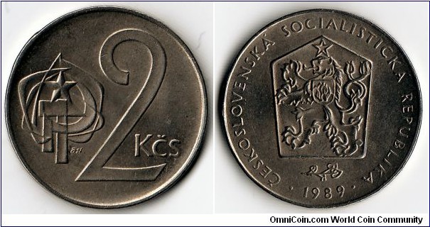 KM#75, Czechoslovakia, Two, Koruny, 	1989, 	Copper-Nickel,  1972-1990, coincrazy2010