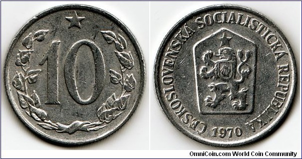 KM#49.1, Czechoslovakia, Ten, Haleru, 	1970, 	Aluminum,  1961-1971, coincrazy2010