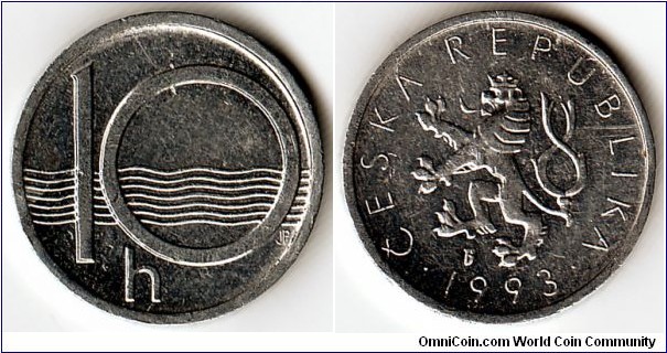 KM#6, Czech Republic, Ten, Haleru,  1993, 	Aluminum,  1993-2004, coincrazy2010 