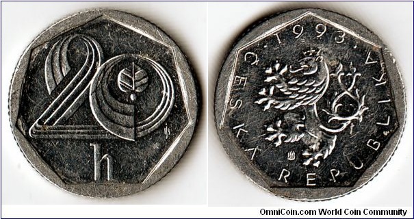 KM#2.1, Czech Republic, Twenty, Haleru, 	1993, 	Aluminum,  1993-1997, coincrazy2010