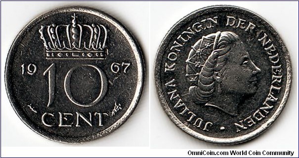 KM#182, Netherlands, Ten, Cents, 1967, 	Nickel, 1950-1980, Coincrazy2010 