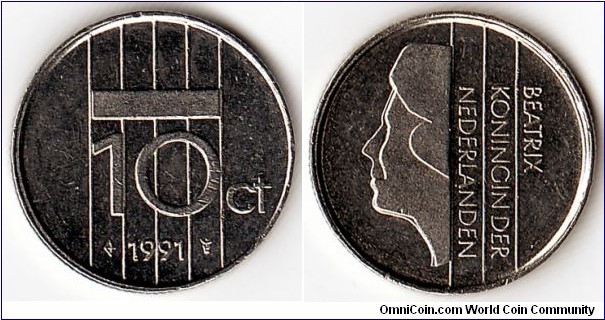 KM#203, Netherlands, Ten, Cents, 1991, 	Nickel,  1982-2001, coincrazy2010 