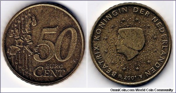 KM#239, Netherlands, Fifty, Euro Cent, 2001,  	Brass,  1999-2006, coincrazy2010 
