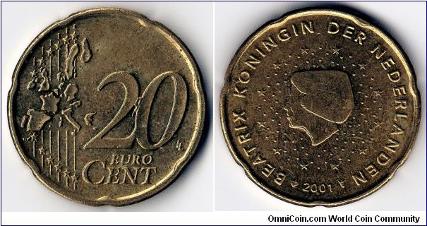 KM#238, Netherlands, Twenty, Euro Cent, 2001, 	Brass,  1999-2006, coincrazy2010 
