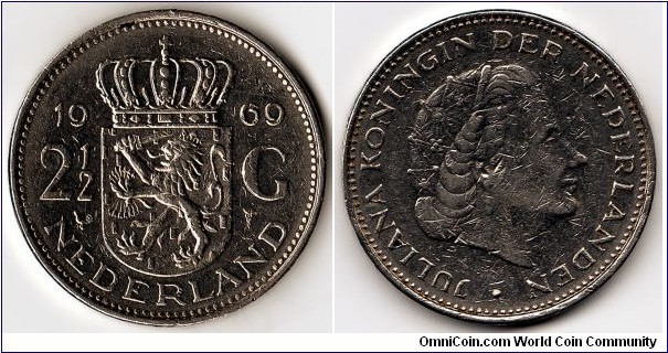 KM#191,	Netherlands, 2-1/2,  Gulden, 	1969, 	Nickel,  1969-1980, coincrazy2010 