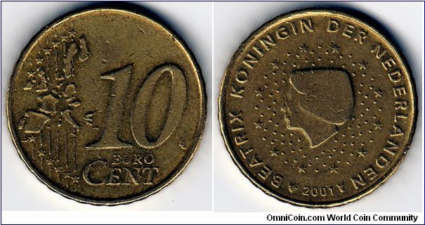 KM#237, Netherlands, Ten,  Euro Cent, 	2001, 	Brass,  1999-2006, coincrazy2010 