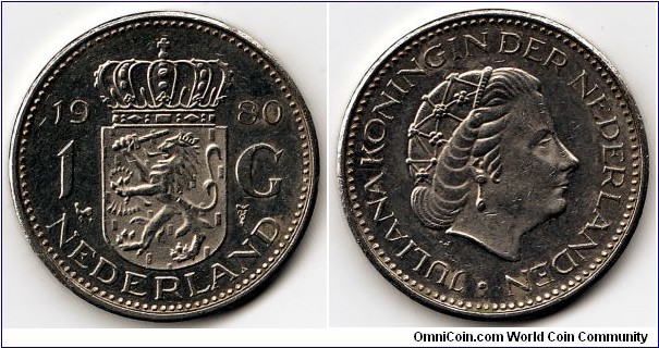 KM#184a,  Netherlands, One,  Gulden, 	1980, 	Nickel,  1967-1980, coincrazy2010 